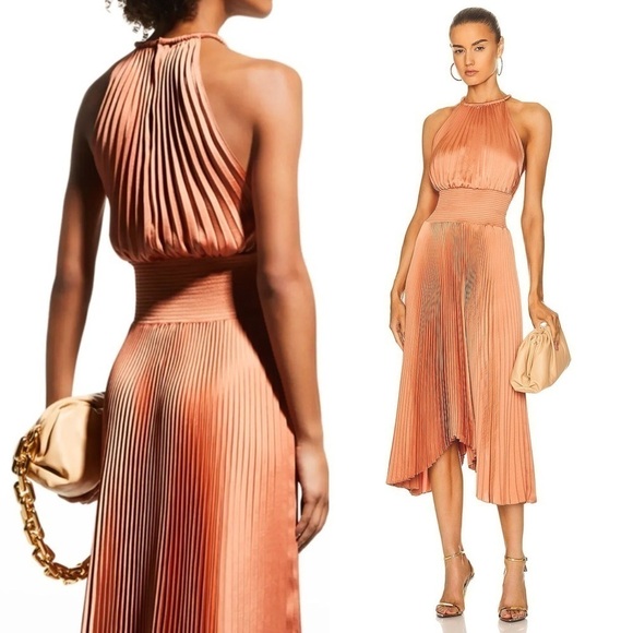 ALC Copper Satin Pleated Sleeveless Halter Smocked Waist Asymmetrical Hem Gown 2 - Picture 3 of 16